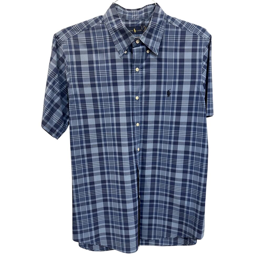 Ralph Lauren VTG Short Sleeve Blue Plaid Button Down 100% Cotton Shirt L